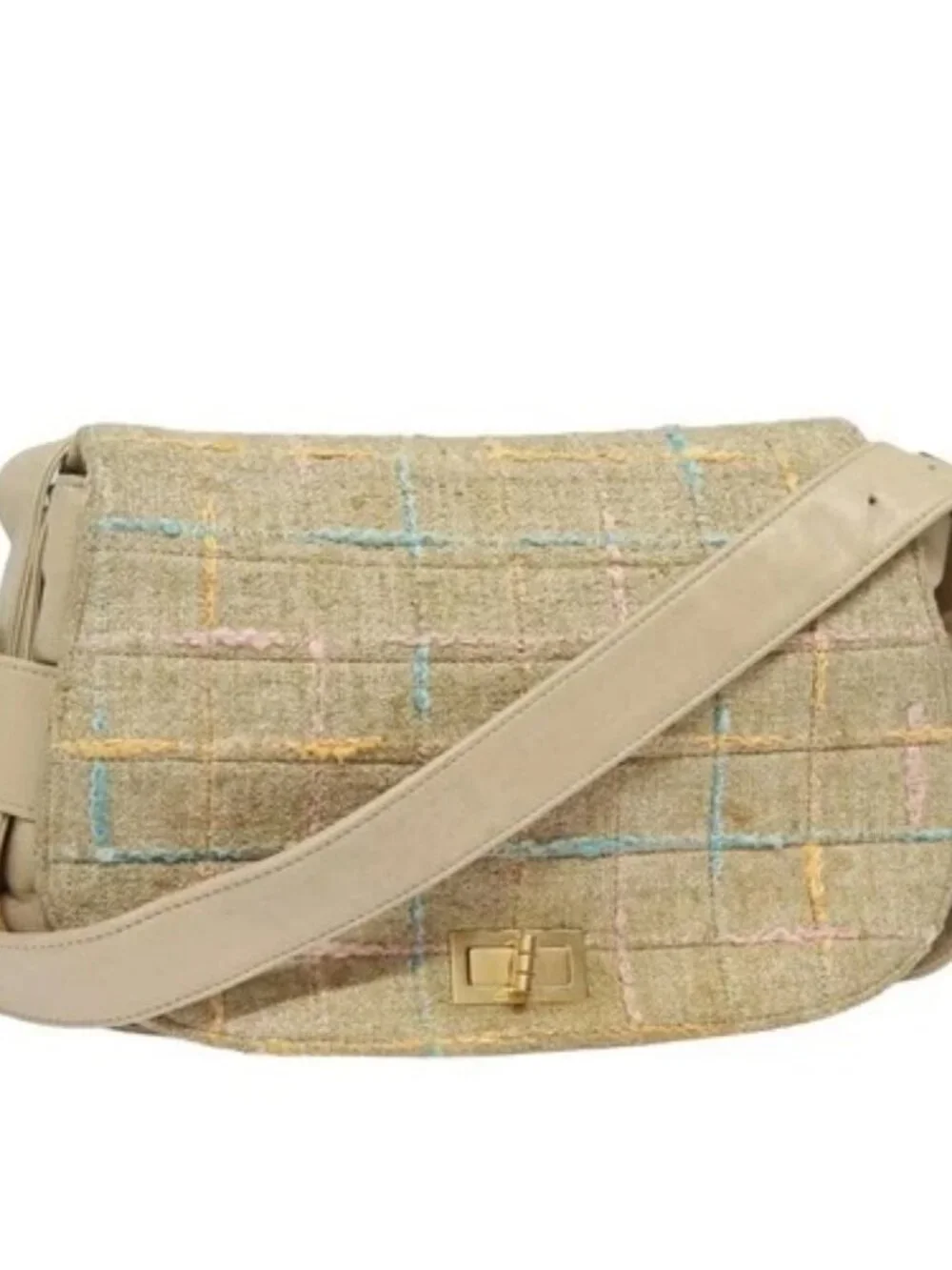 CHANEL Choco Bar Turn Lock Shoulder Bag Wool Multicolor CC Auth bs15780